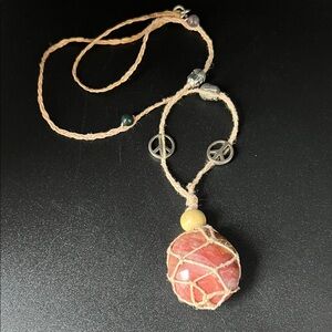 Vintage Macrame Peach Aventurine Pendant 24” Necklace